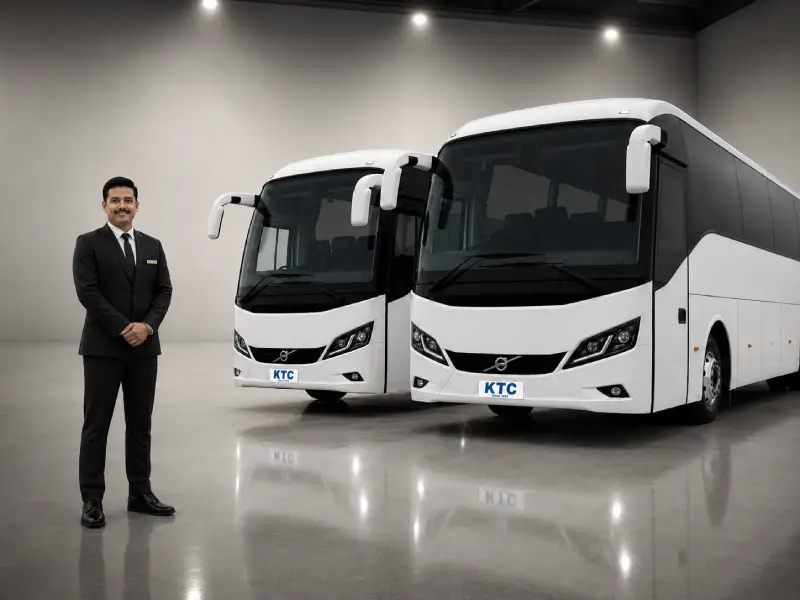 KTC chauffeur beside touring coaches prepared for cricket team transfers