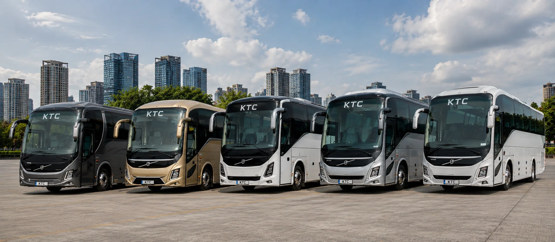 Line-up of KTC Volvo touring coaches used for cricket squad transport