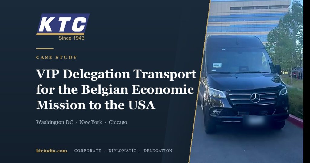 Black Mercedes-Benz Sprinter executive van from KTC India providing VIP delegation transport for the Belgian Economic Mission to the USA