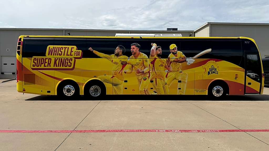 Major League Cricket team coach supplied by KTC, full side view in Texas Super Kings livery