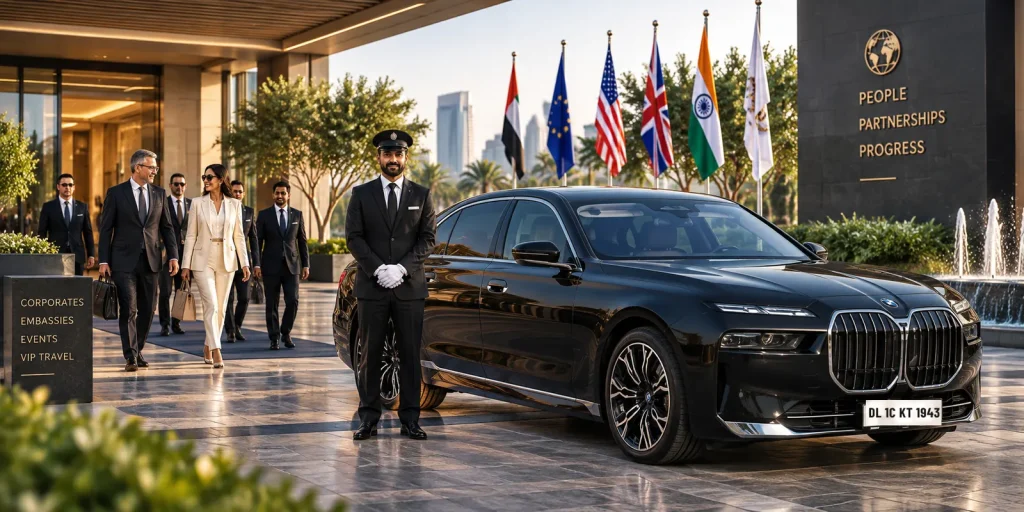 KTC India chauffeur standing beside a black BMW 7 Series as a foreign delegation arrives, with national flags flying at a New Delhi summit venue
