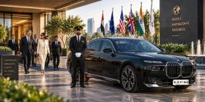 KTC India chauffeur standing beside a black BMW 7 Series as a foreign delegation arrives, with national flags flying at a New Delhi summit venue