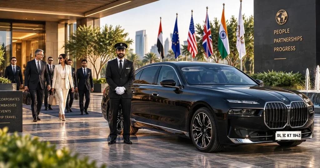 Black BMW 7 Series and chauffeur receiving a delegation at a New Delhi summit venue with international flags