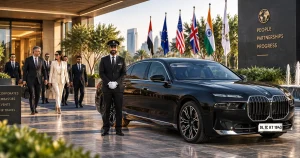 Black BMW 7 Series and chauffeur receiving a delegation at a New Delhi summit venue with international flags
