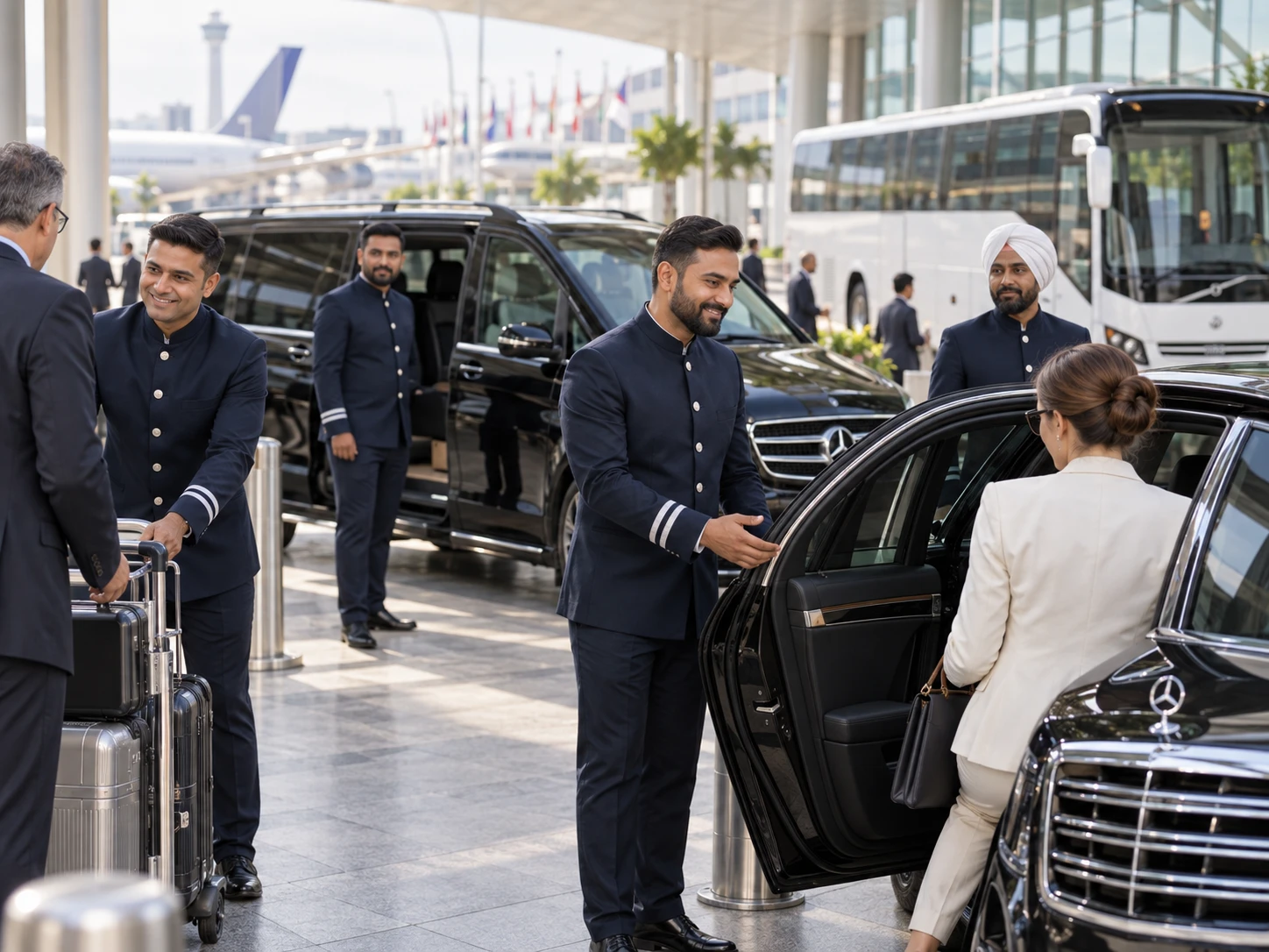 KTC chauffeurs meeting arriving delegates with sedans, vans and a coach at an airport terminal