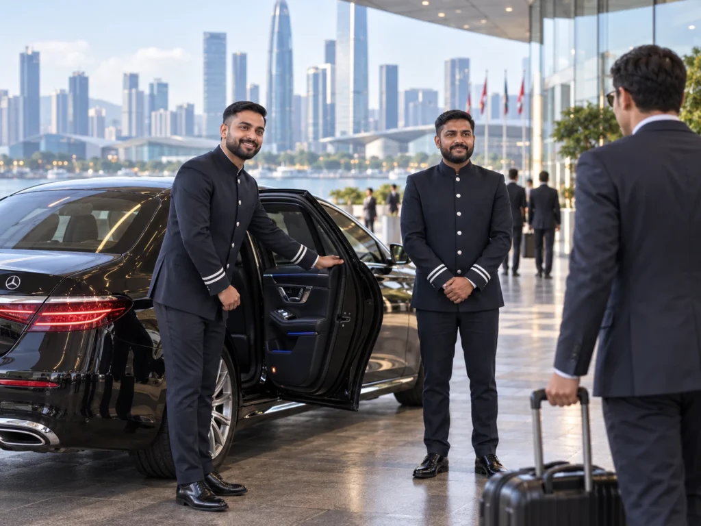 KTC chauffeurs with a Mercedes sedan by the Shenzhen waterfront for APEC 2026 delegate transport
