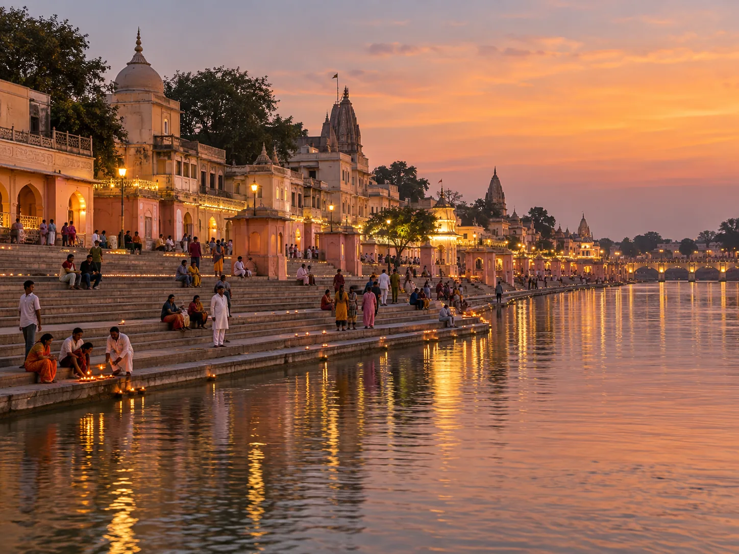 Ram Ki Paidi and Saryu riverfront illuminated during an Ayodhya spiritual tour