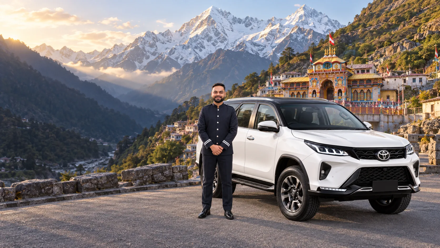 KTC Toyota Fortuner and professional chauffeur for a Char Dham Yatra car rental near Badrinath