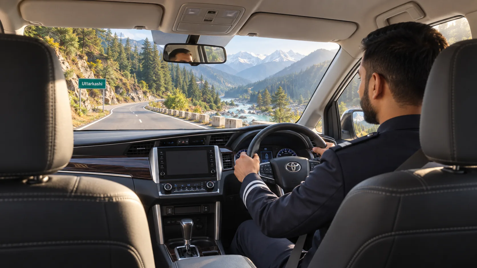 Passenger view of a KTC chauffeur driving an Innova on a Char Dham mountain road near Uttarkashi