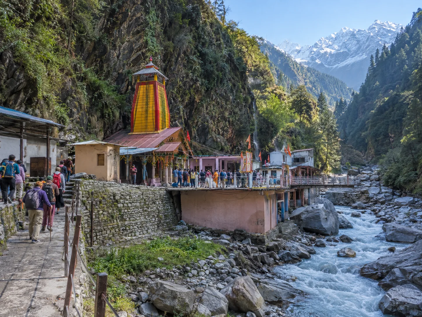 Yamunotri Temple and walking approach during a Char Dham Yatra in Uttarakhand