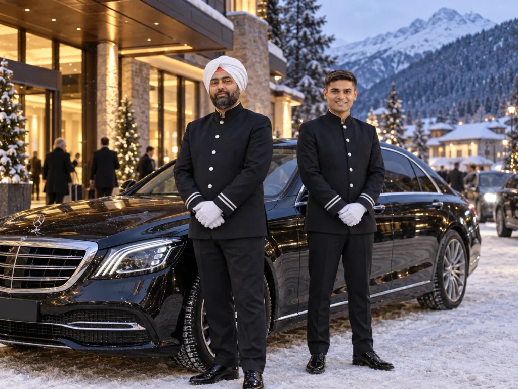 Two KTC chauffeurs beside a Mercedes S-Class on snow outside a Davos hotel in winter