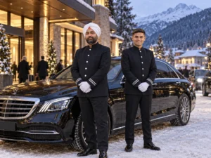 Two KTC chauffeurs beside a Mercedes S-Class on snow outside a Davos hotel in winter