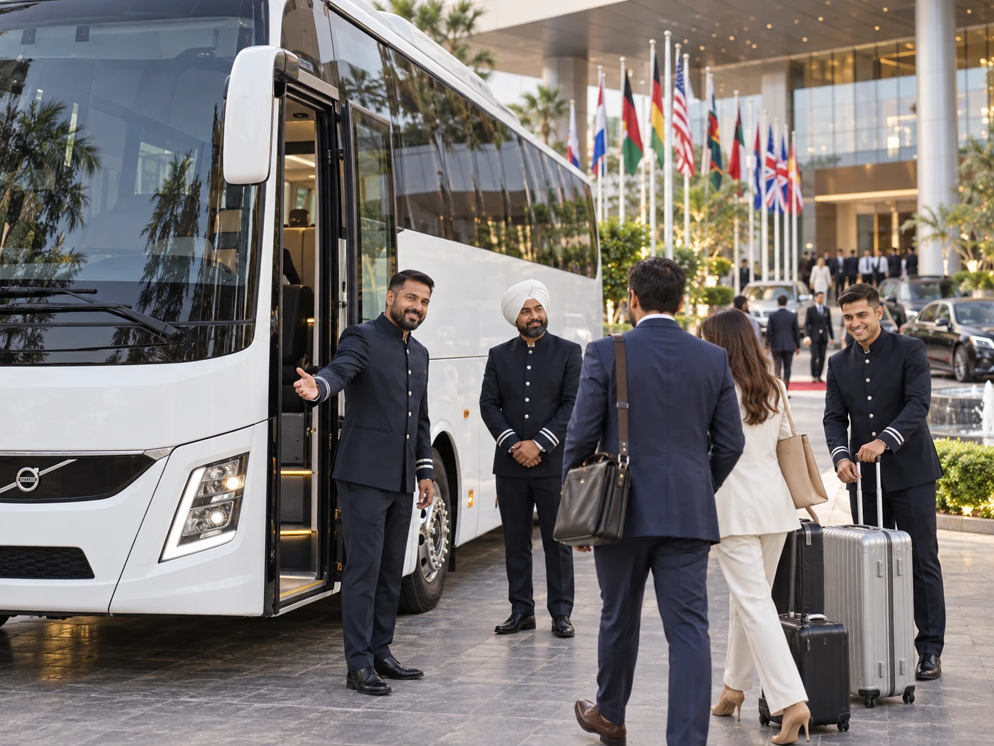 Delegates boarding a KTC coach outside a summit venue lined with national flags