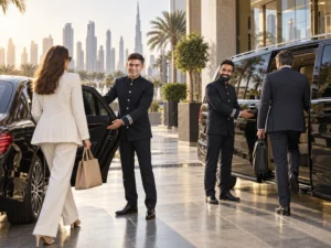 KTC chauffeurs holding car doors for delegates outside a Dubai hotel with the city skyline behind