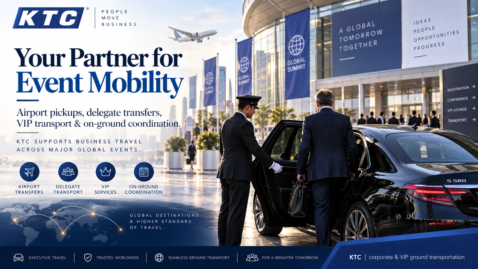 KTC chauffeur welcoming an executive into a Mercedes outside a global summit venue