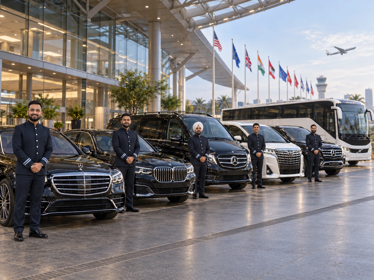 KTC executive fleet of sedans, SUVs, vans and a coach lined up with chauffeurs at an airport