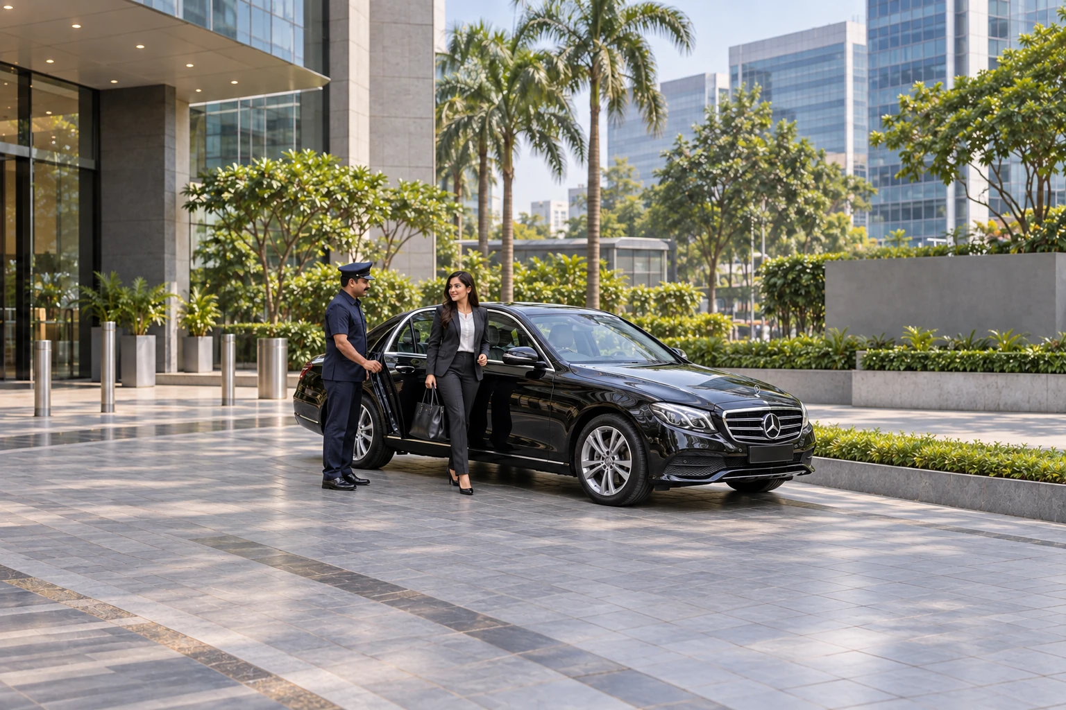 Executive and chauffeur beside a Mercedes-Benz E-Class in Mumbai’s Bandra Kurla Complex