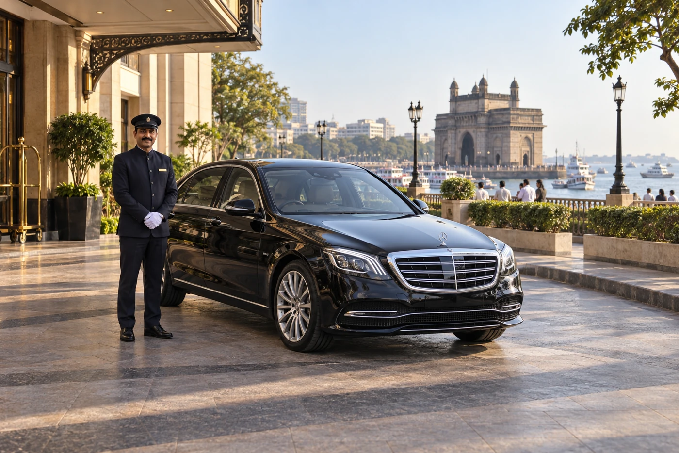 Mercedes-Benz S-Class with a chauffeur near the Gateway of India in Mumbai