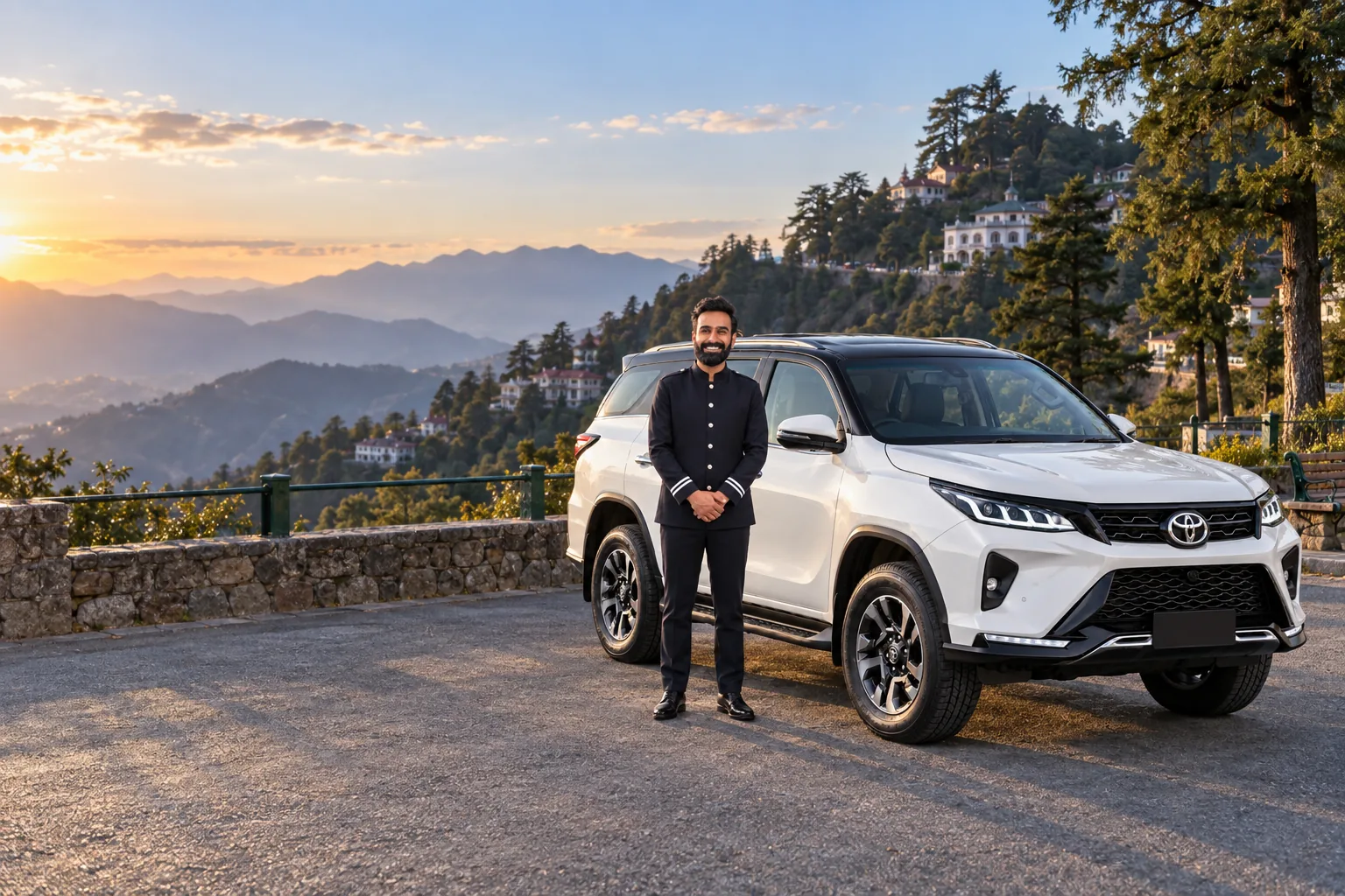 KTC Toyota Fortuner and chauffeur at a scenic Mussoorie viewpoint