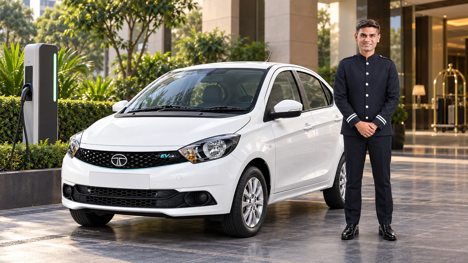KTC chauffeur driven Tata Tigor EV for sustainable city transfers and tours