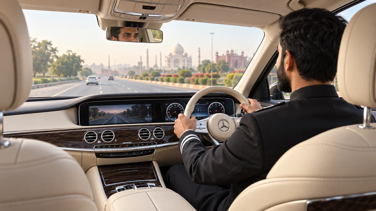 Back seat view of a KTC chauffeur driving a Mercedes S Class on an Agra tour