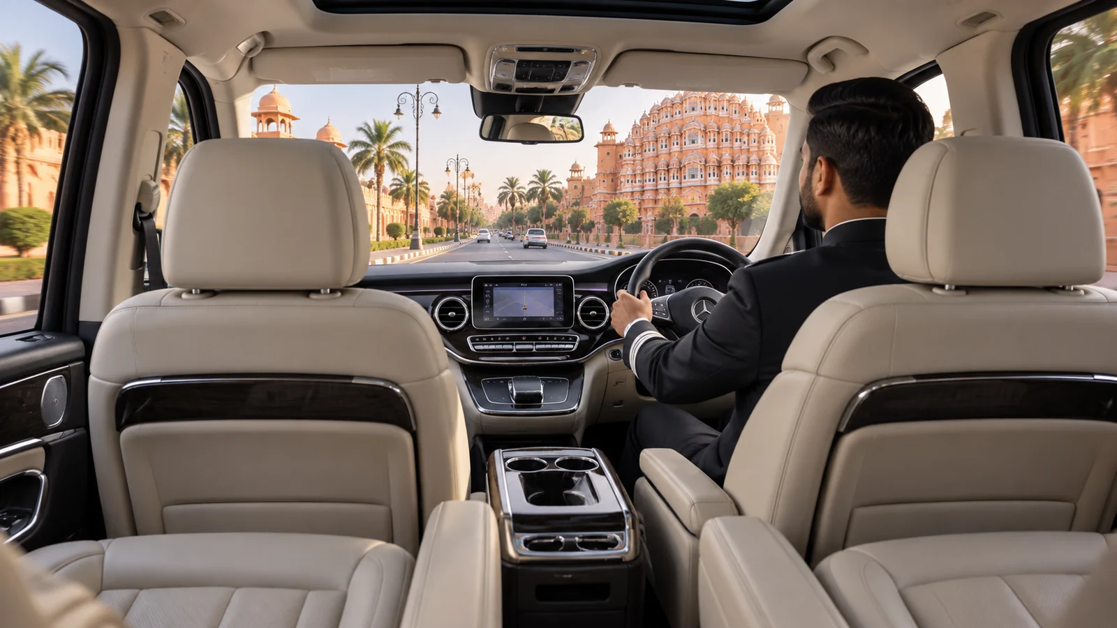 Back seat view of a KTC chauffeur driving a Mercedes V Class in Jaipur
