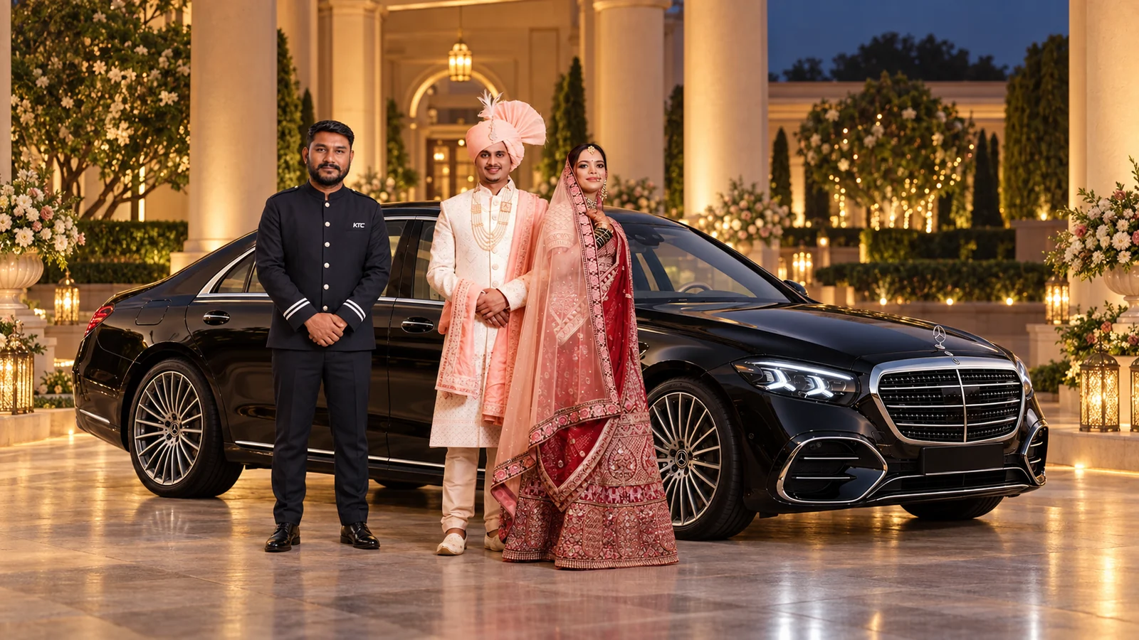 Decorated Mercedes wedding car with Indian couple and a KTC chauffeur