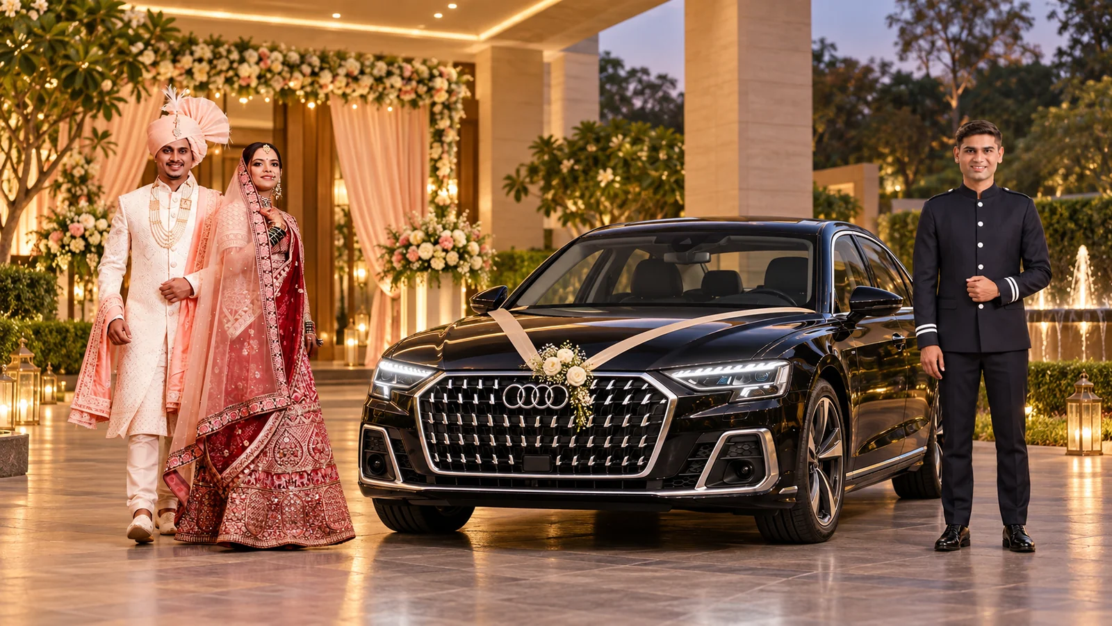KTC Audi A8 with professional chauffeur and Indian wedding couple for luxury wedding car rental in Chandigarh
