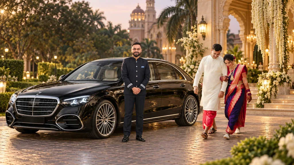 KTC Mercedes S Class with professional chauffeur and Indian wedding couple for luxury wedding car rental in Delhi