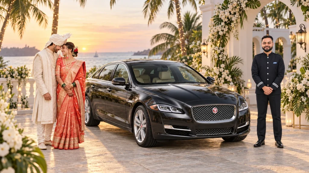 KTC Jaguar with professional chauffeur and Indian wedding couple for luxury wedding car rental in Goa