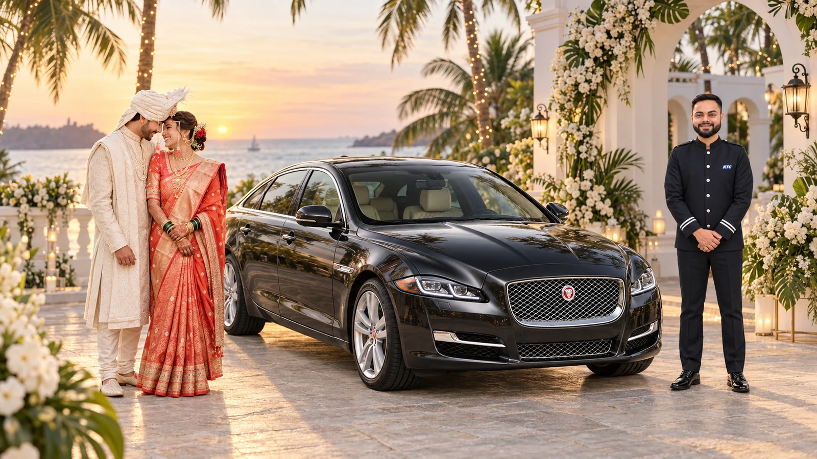 KTC Jaguar with professional chauffeur and Indian wedding couple for luxury wedding car rental in Goa