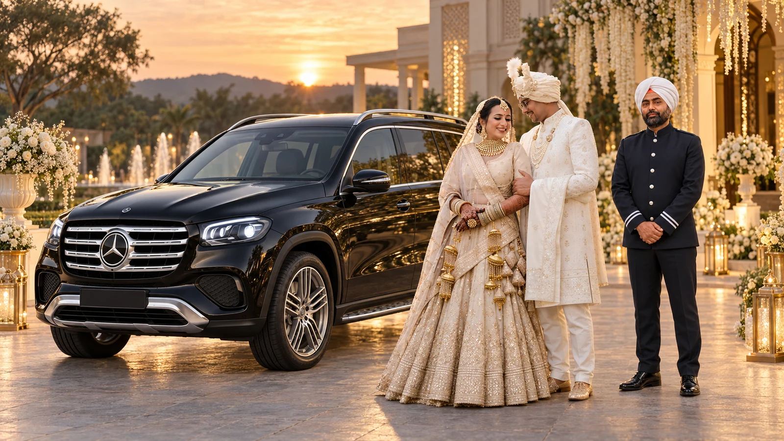 KTC Mercedes GLS with professional chauffeur and Indian wedding couple for luxury wedding car rental in Gurgaon