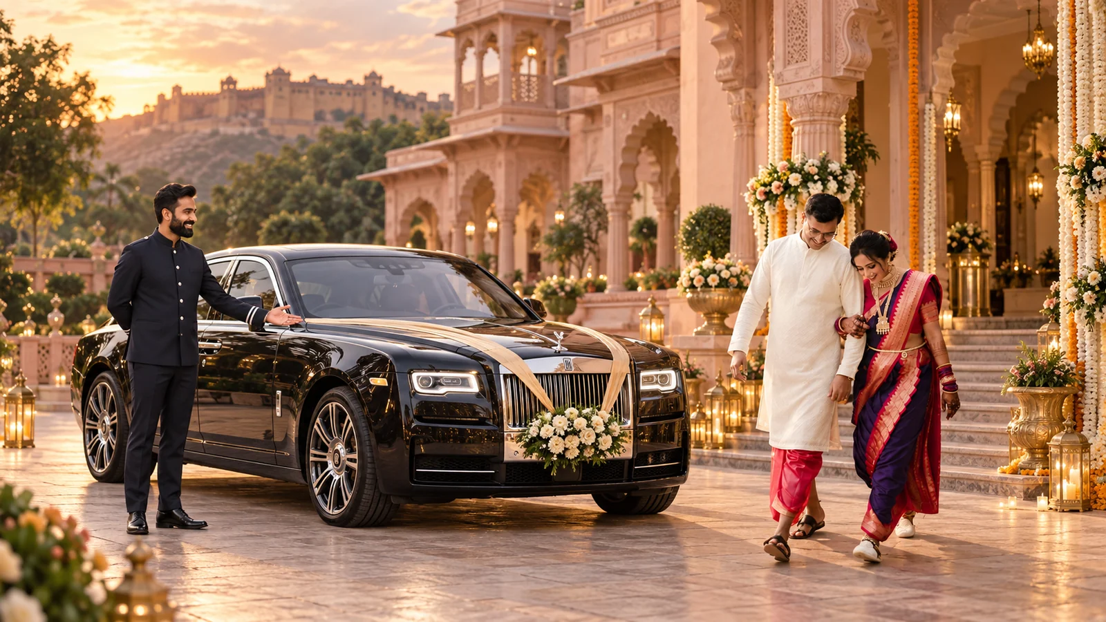 KTC Rolls-Royce-style luxury sedan with professional chauffeur and Indian wedding couple for luxury wedding car rental in Jaipur