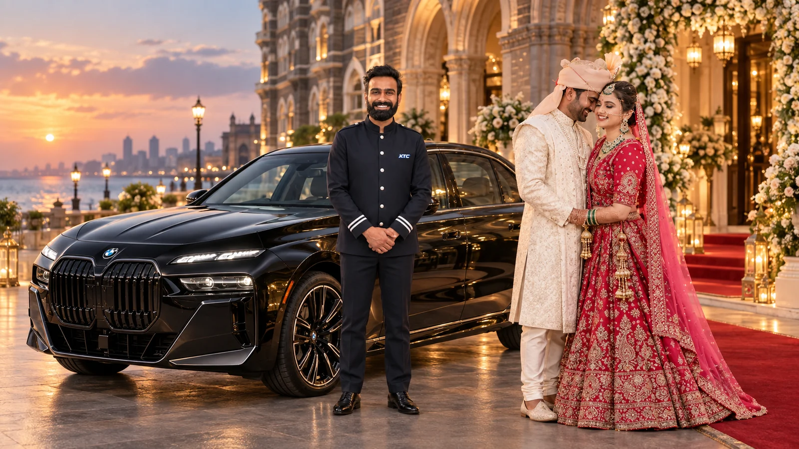 KTC BMW 7 Series with professional chauffeur and Indian wedding couple for luxury wedding car rental in Mumbai