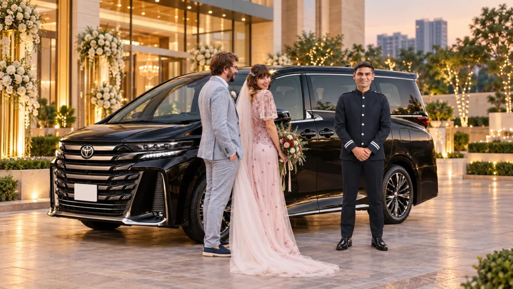 KTC Toyota Vellfire with professional chauffeur and Indian wedding couple for luxury wedding car rental in Noida