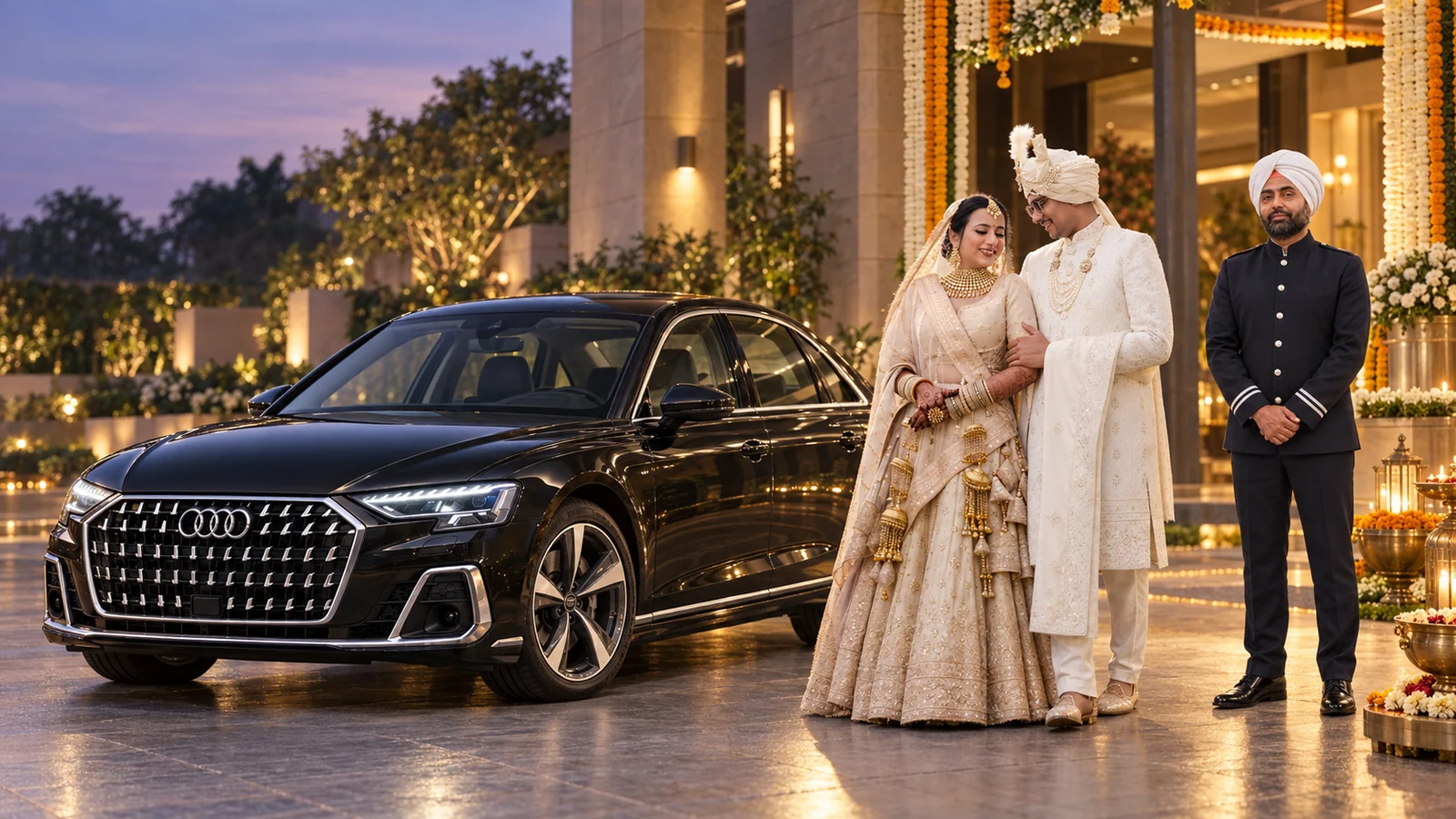 KTC Audi A8 with professional chauffeur and Indian wedding couple for luxury wedding car rental in Pune