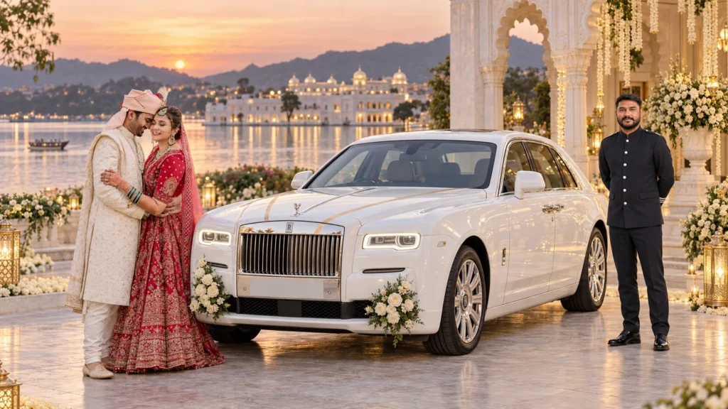Decorated Rolls-Royce wedding car with Indian couple and KTC chauffeur