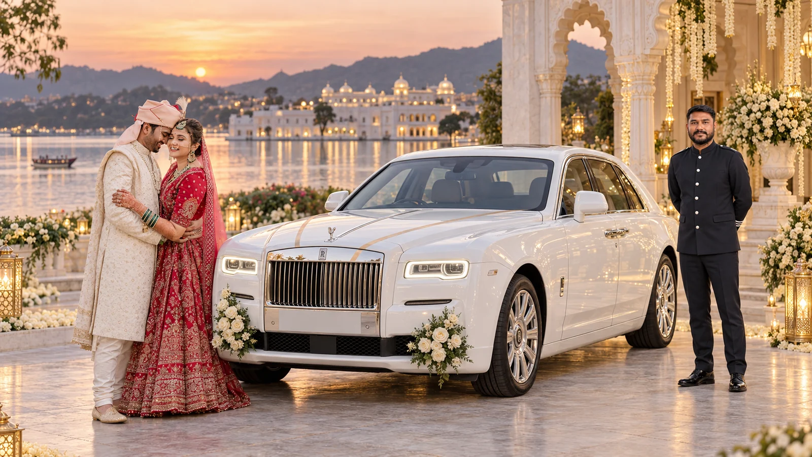 KTC Rolls-Royce-style luxury sedan with professional chauffeur and Indian wedding couple for luxury wedding car rental in Udaipur