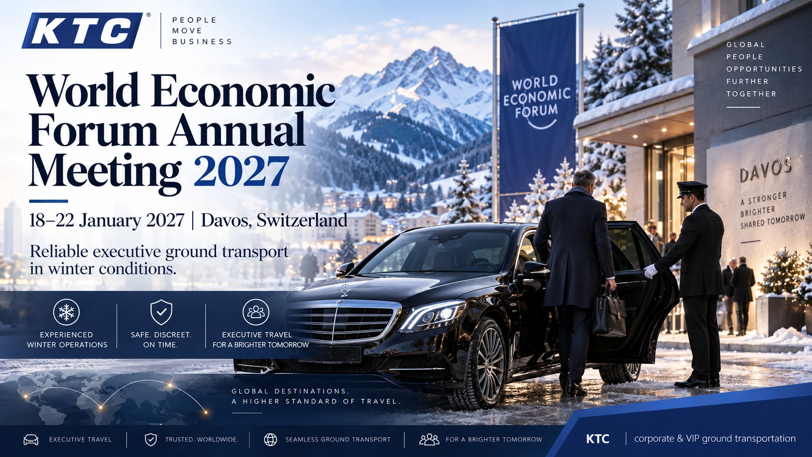 KTC chauffeur opening a Mercedes S-Class door outside the World Economic Forum venue in Davos