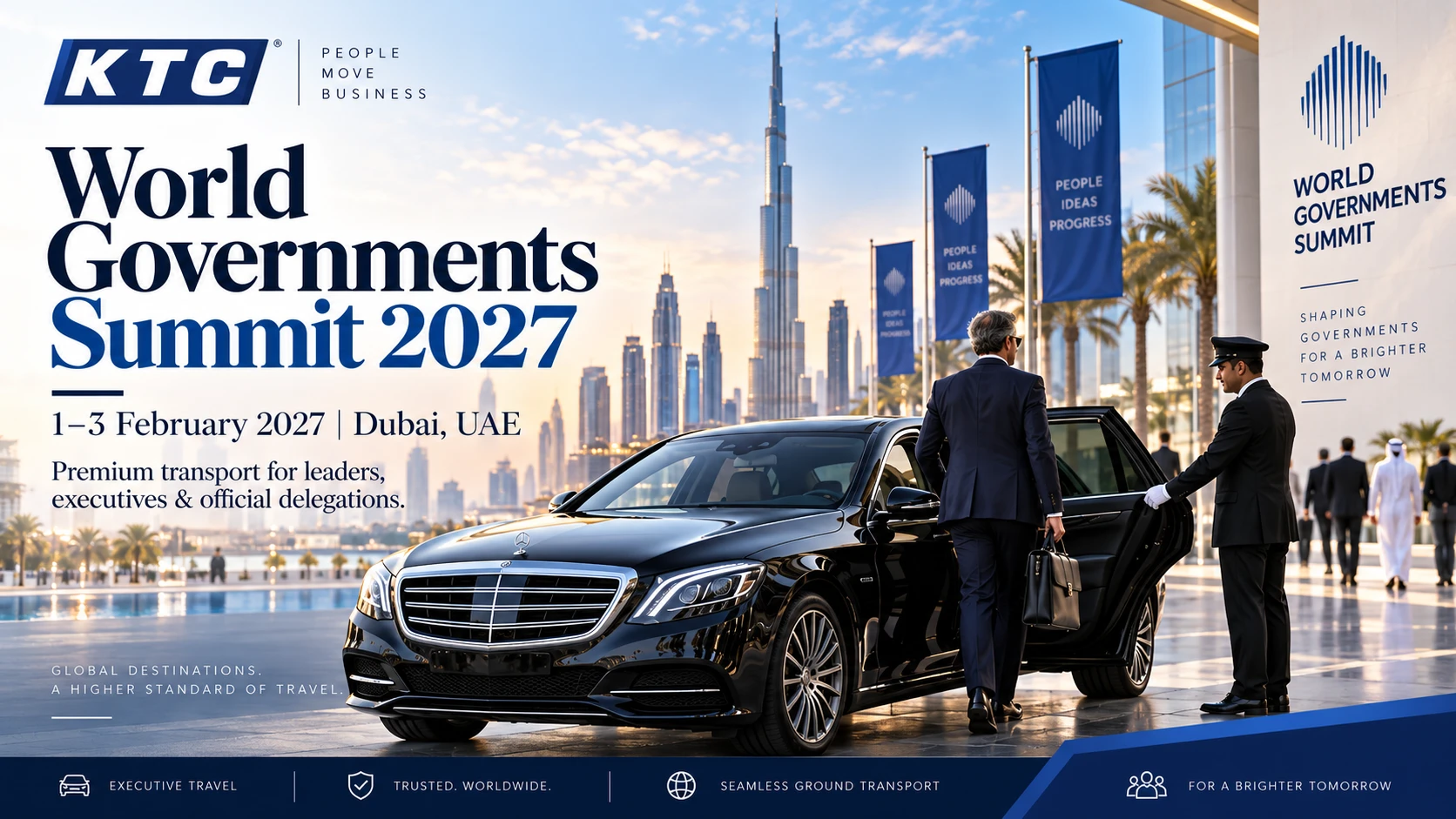 KTC chauffeur assisting a delegate into a Mercedes sedan outside the World Governments Summit in Dubai