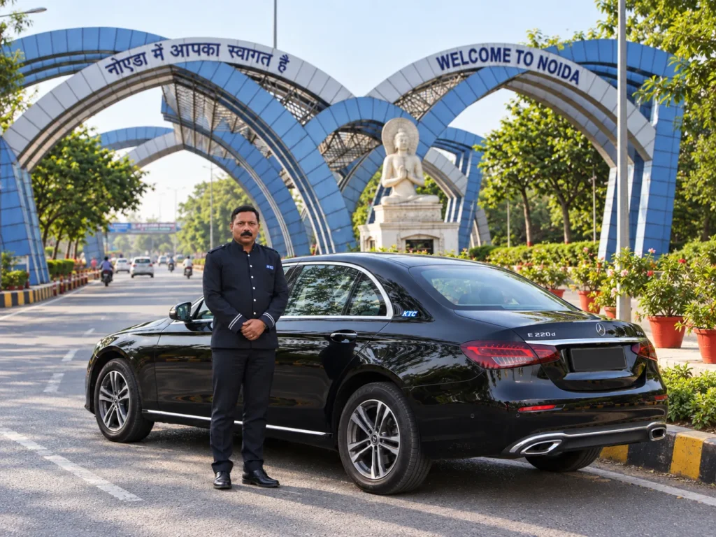 KTC chauffeur with a Mercedes-Benz E-Class luxury car rental at the Welcome to Noida gateway