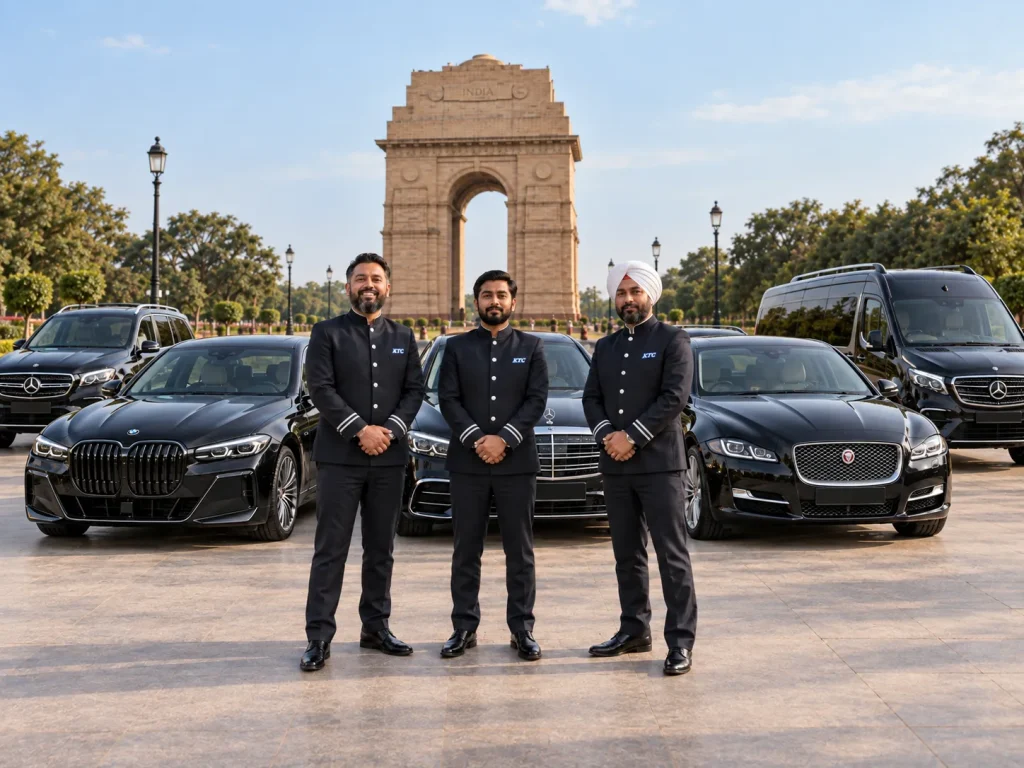 KTC India chauffeurs in uniform with a BMW 7 Series, Mercedes S-Class, Jaguar XJ, Mercedes V-Class and GLS at India Gate, New Delhi