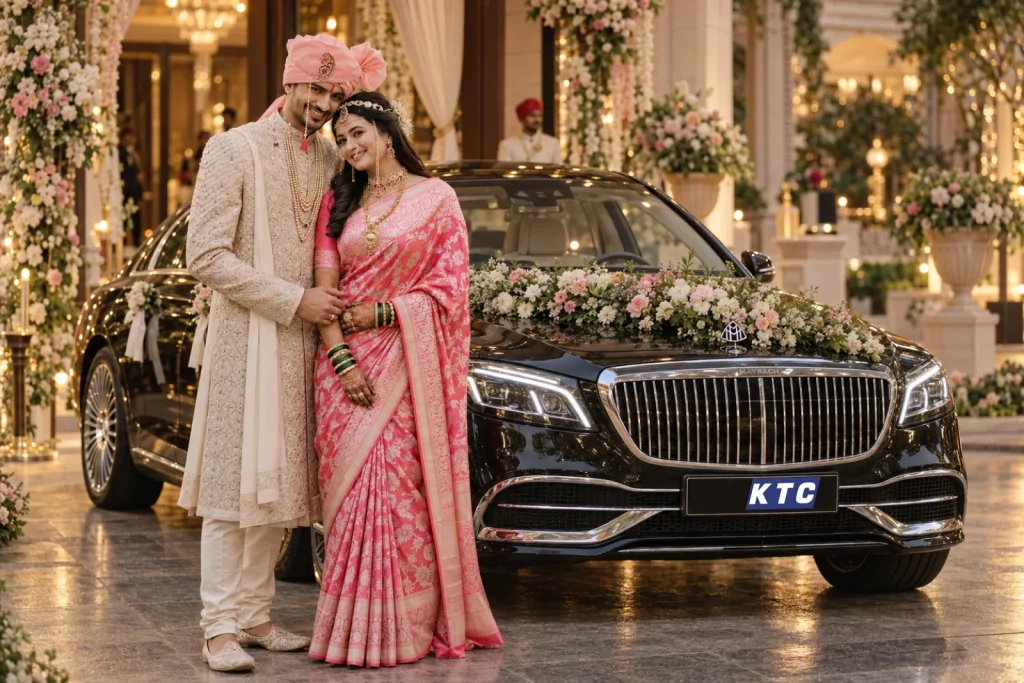 Bride and groom beside a decorated Mercedes-Maybach wedding car at an Indian wedding venue