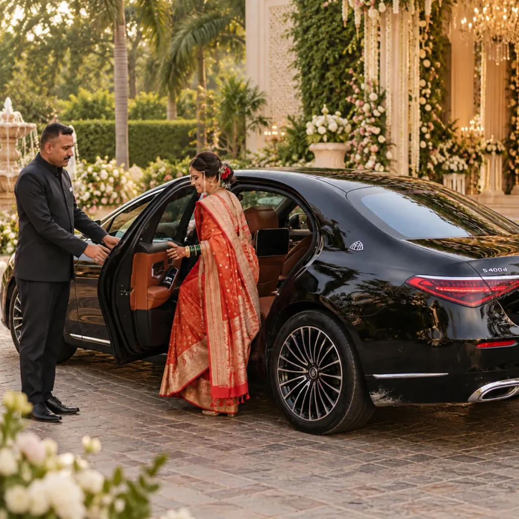 KTC chauffeur opening the door of a Mercedes S-Class wedding car for a bride in a red saree