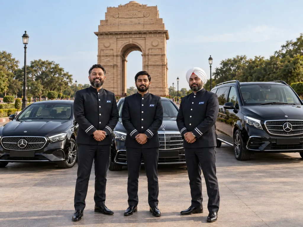 KTC India uniformed chauffeurs with a Mercedes E-Class, S-Class and V-Class at India Gate - luxury car rental in Delhi NCR